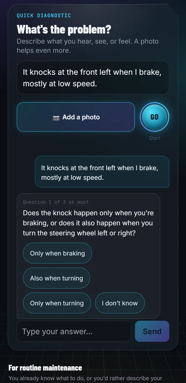 Meca chat screen: the assistant asks whether the noise comes from the brakes or the suspension, with quick tap replies