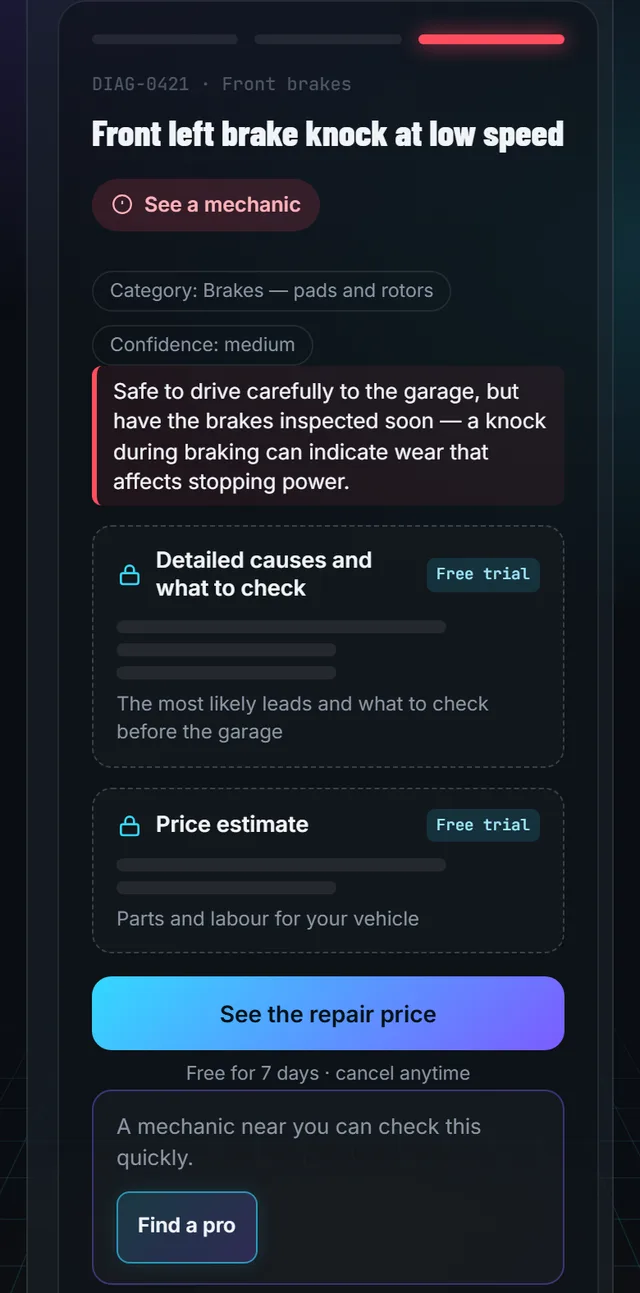 Free diagnostic sheet: knocking noise at the brakes, “see a mechanic” level, price and detailed causes locked